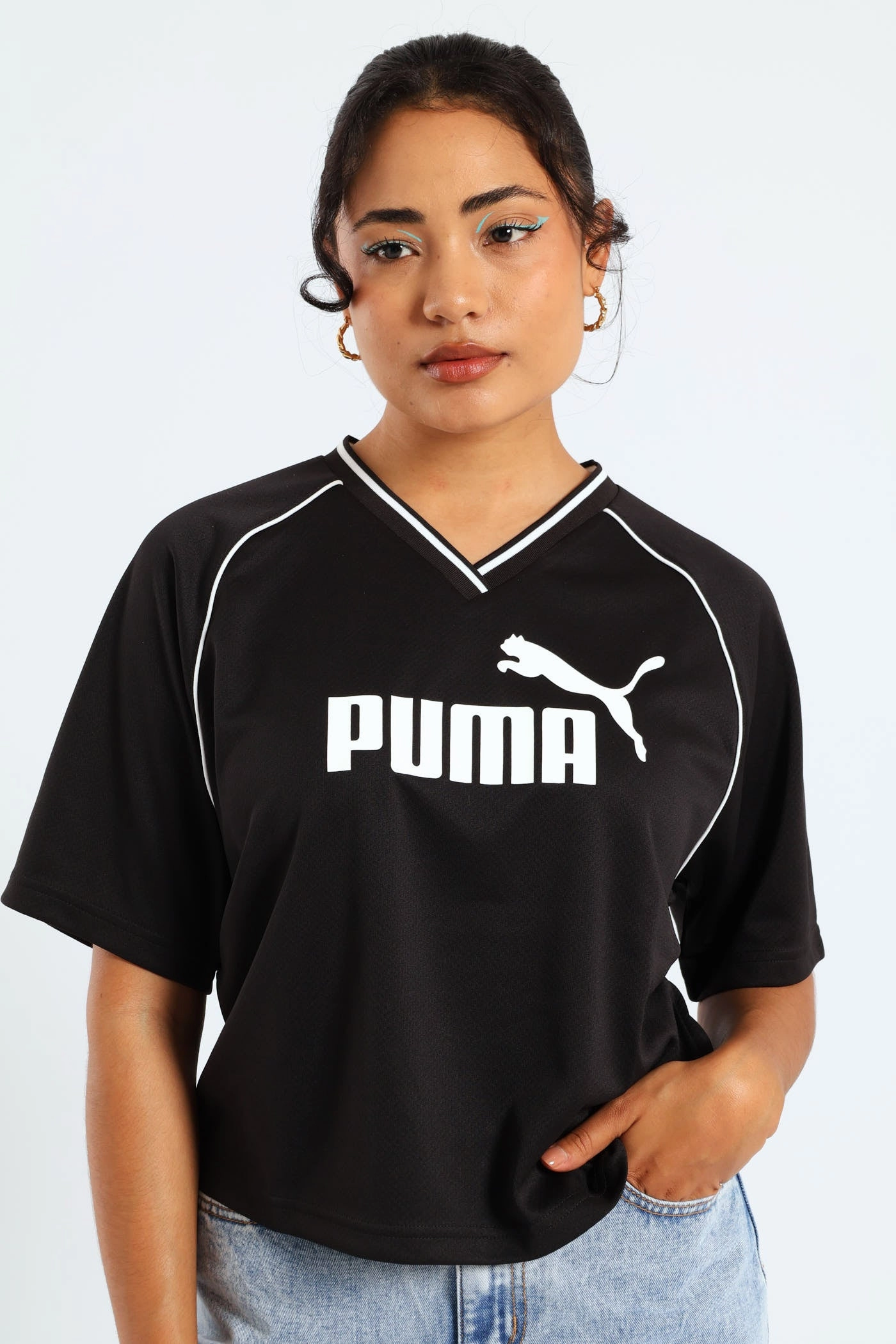 Essential Relaxed Cropped Football Jersey - Black Smooth Finish Adjustable Hem Cords