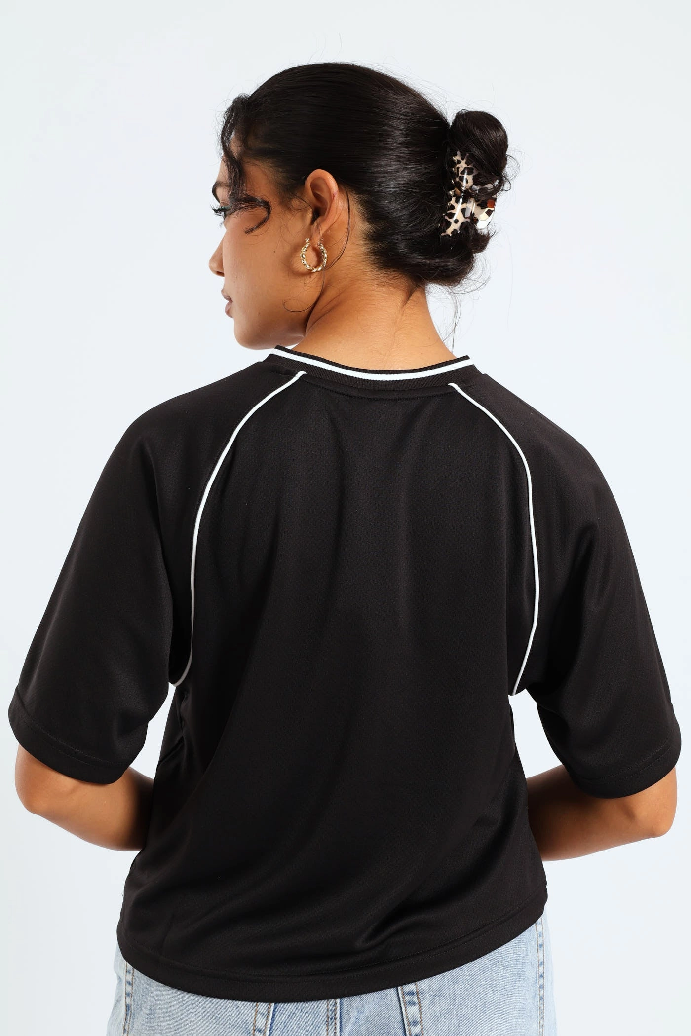 Essential Relaxed Cropped Football Jersey - Black Tear Resistant Material Convertible Collar Style