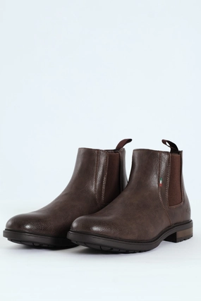 Ethan Pebbled Pu Elastic Gusset Chelsea Boot - Brown Cushioned Step Weather Resistant User Side zipper