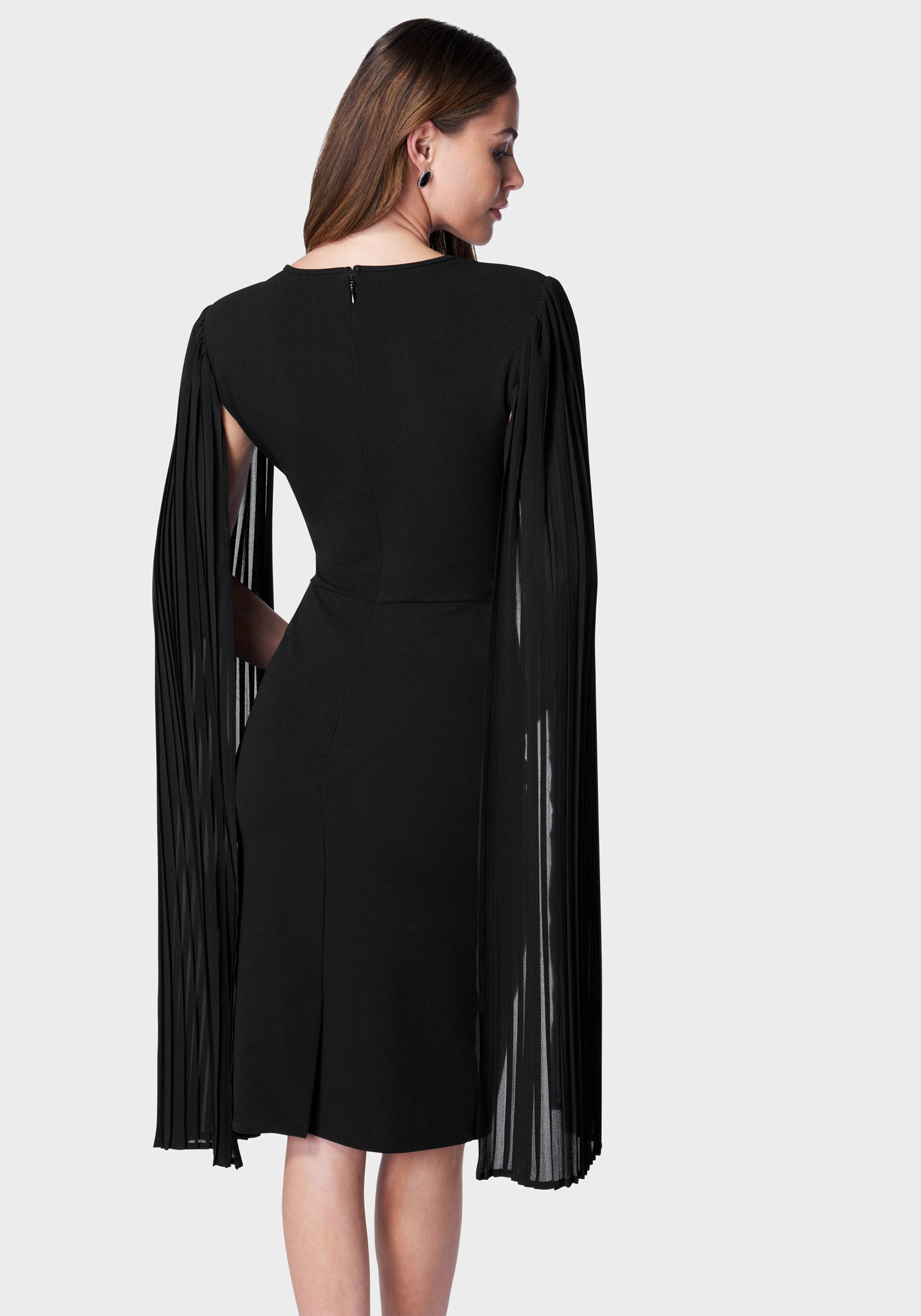 Piped-Edge Cape Sleeve Midi Dress