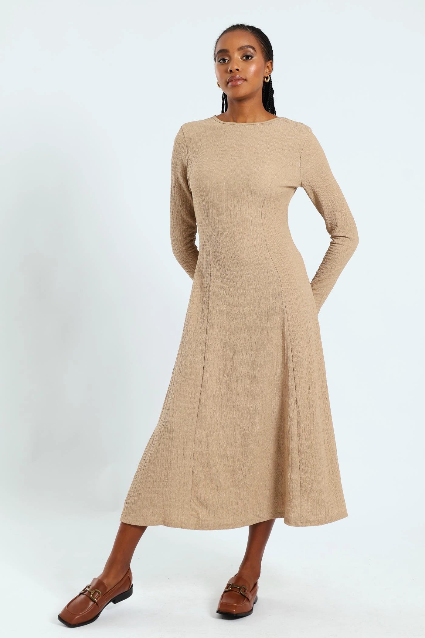 Fit & Flare Panelled Knit Midi Dress - Dark Beige Subtle Touch