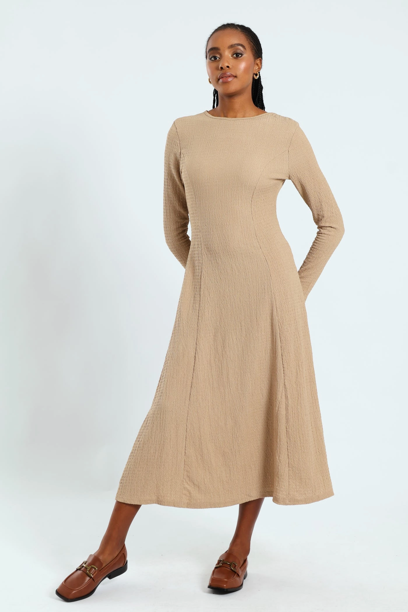 Fit & Flare Panelled Knit Midi Dress - Dark Beige Self Power Garden Scene