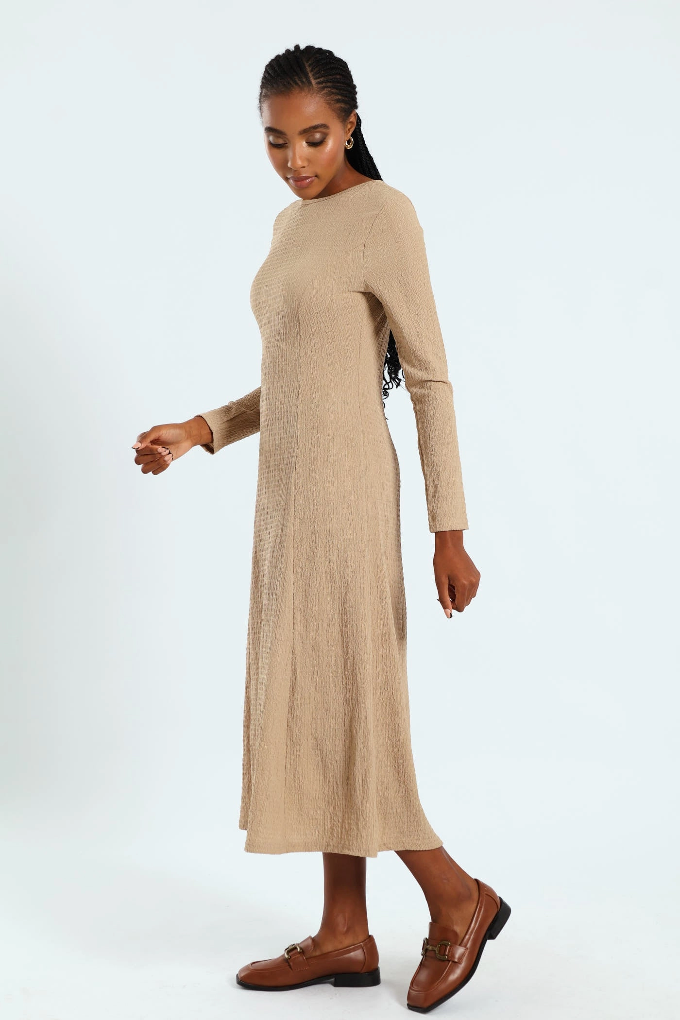 Fit & Flare Panelled Knit Midi Dress - Dark Beige Lace Ease Modern and Stylish