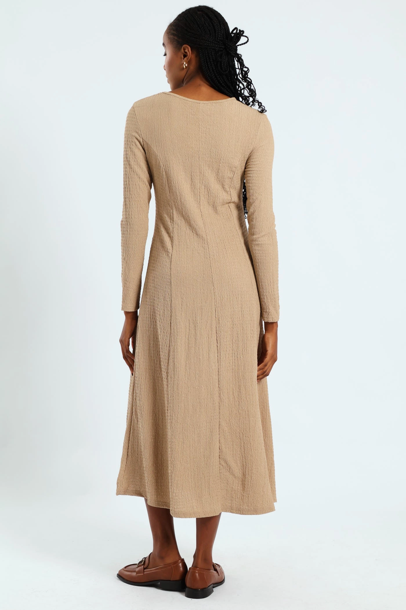 Fit & Flare Panelled Knit Midi Dress - Dark Beige Flared shape