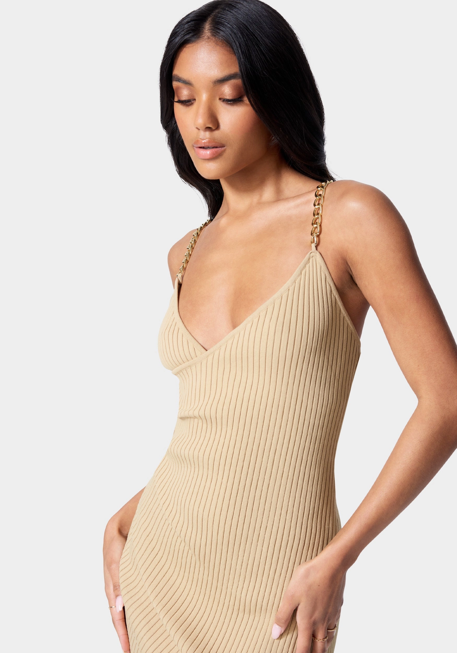 Chain Strap Faux Wrap Dress Nordic Plain Basic Mood