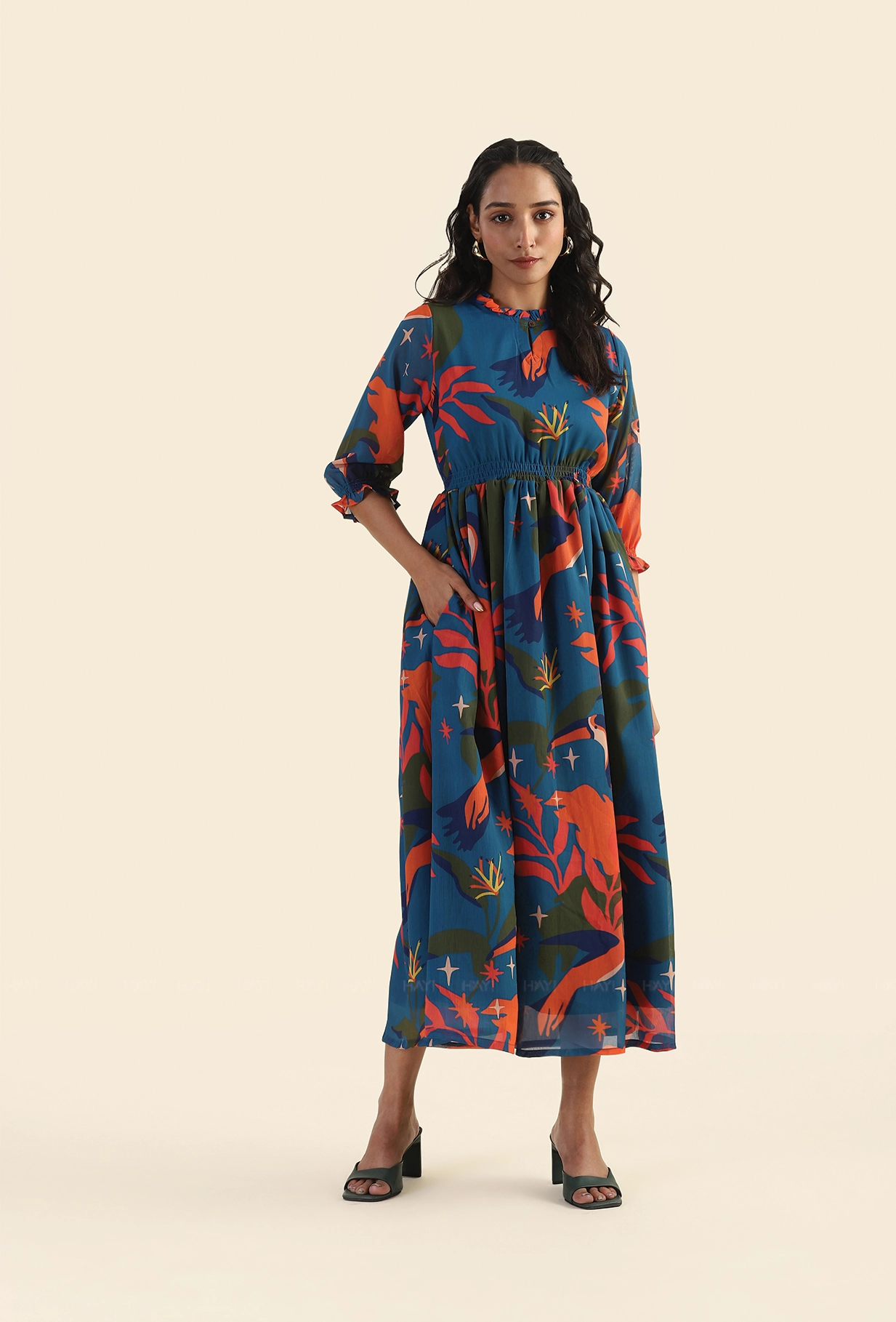 Jungle Blue Fluttering Wings Lux Georgette Printed Dress Mini-Length