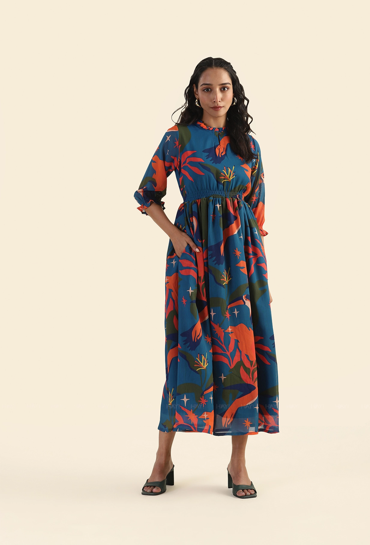 Interchangeable-Detail Jungle Blue Fluttering Wings Lux Georgette Printed Dress