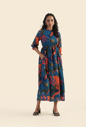 Jungle Blue Fluttering Wings Lux Georgette Printed Dress Texture Flow