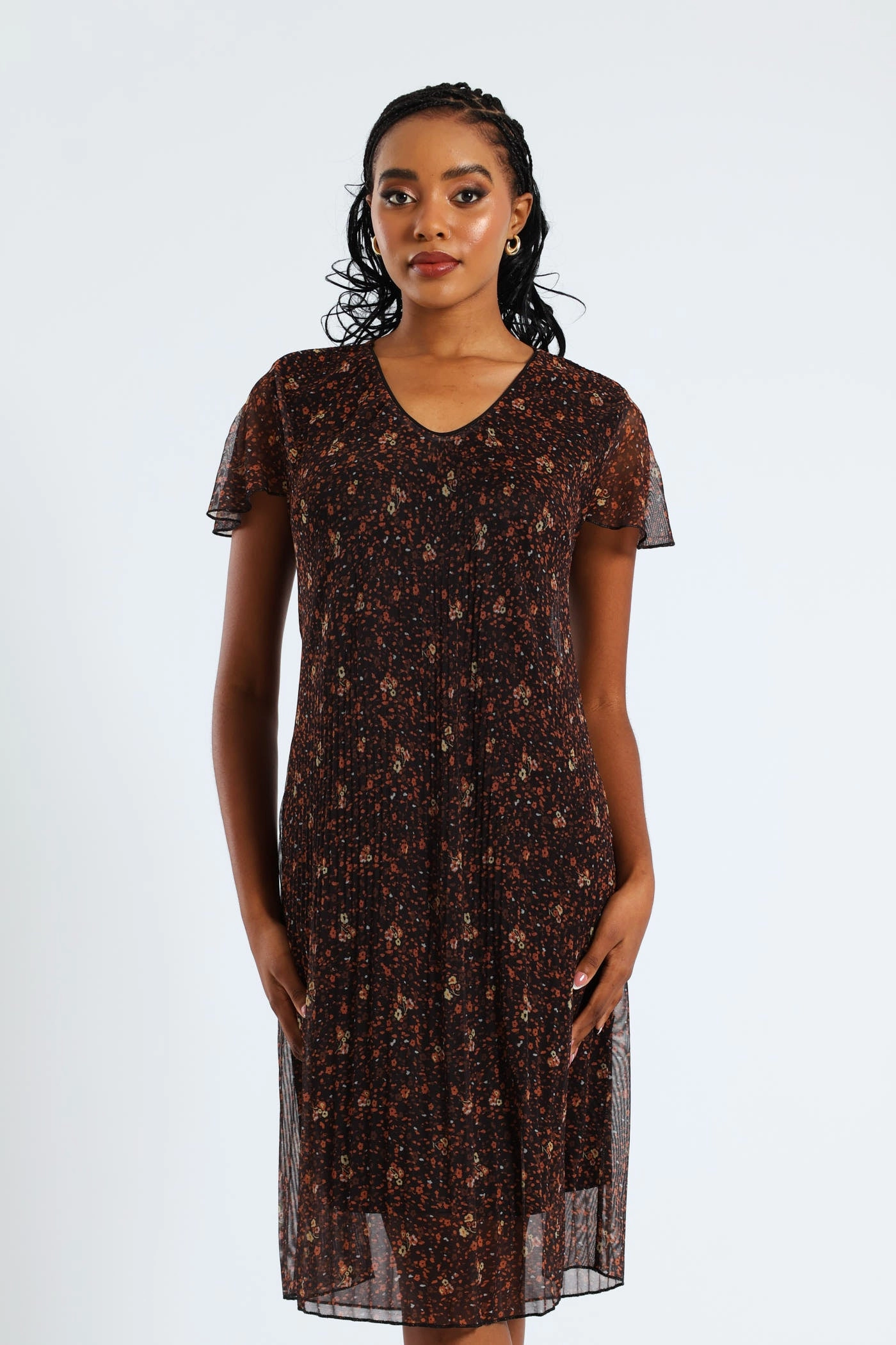 V-Neck Release Pleat Mesh Midi Dress - Black/Orange Tailored Comfort Flattering Shape