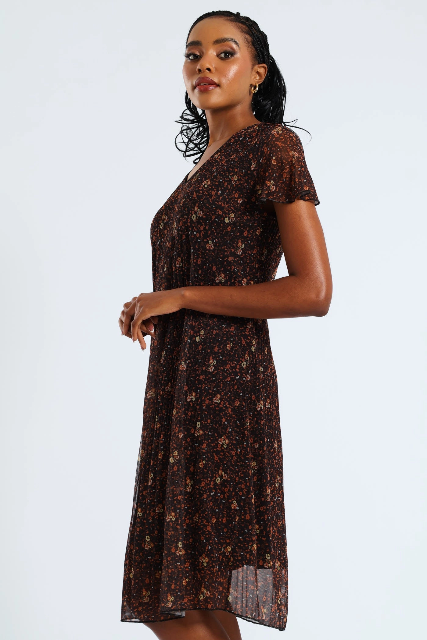 V-Neck Release Pleat Mesh Midi Dress - Black/Orange Matte Fabric Live Soft