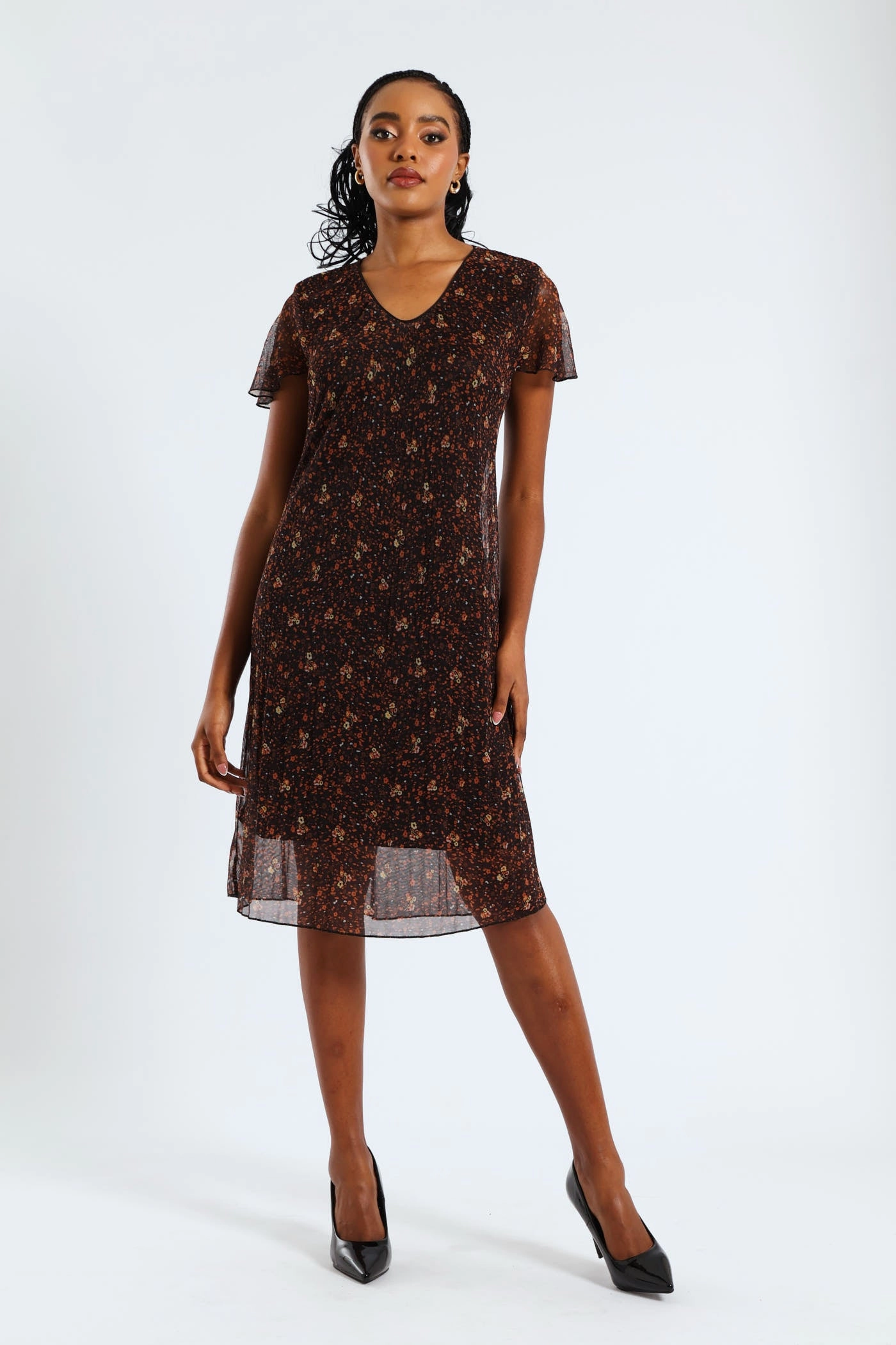 Fluid Shape AntiFrayEdging V-Neck Release Pleat Mesh Midi Dress - Black/Orange