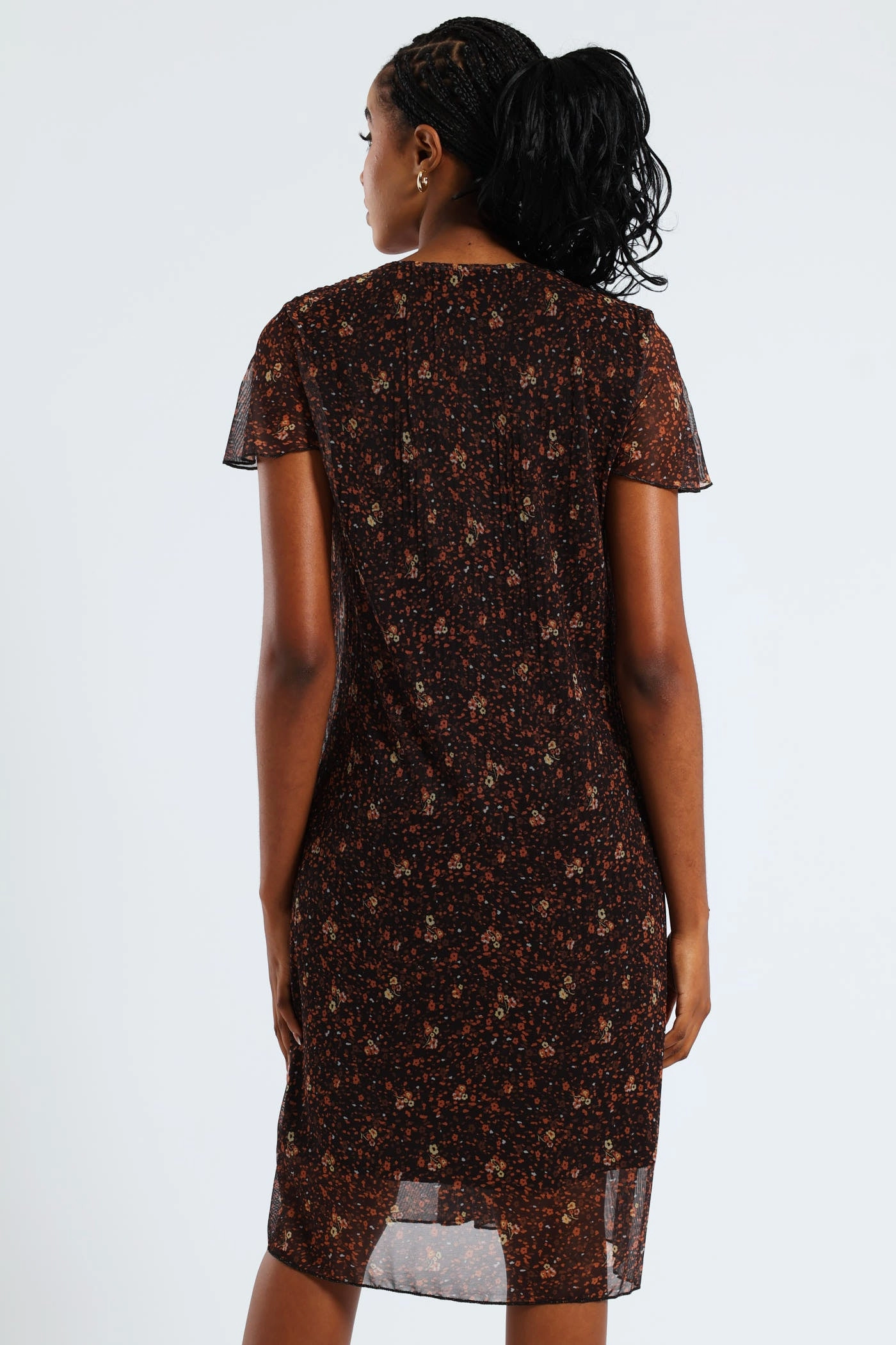 V-Neck Release Pleat Mesh Midi Dress - Black/Orange Cozy Vibe