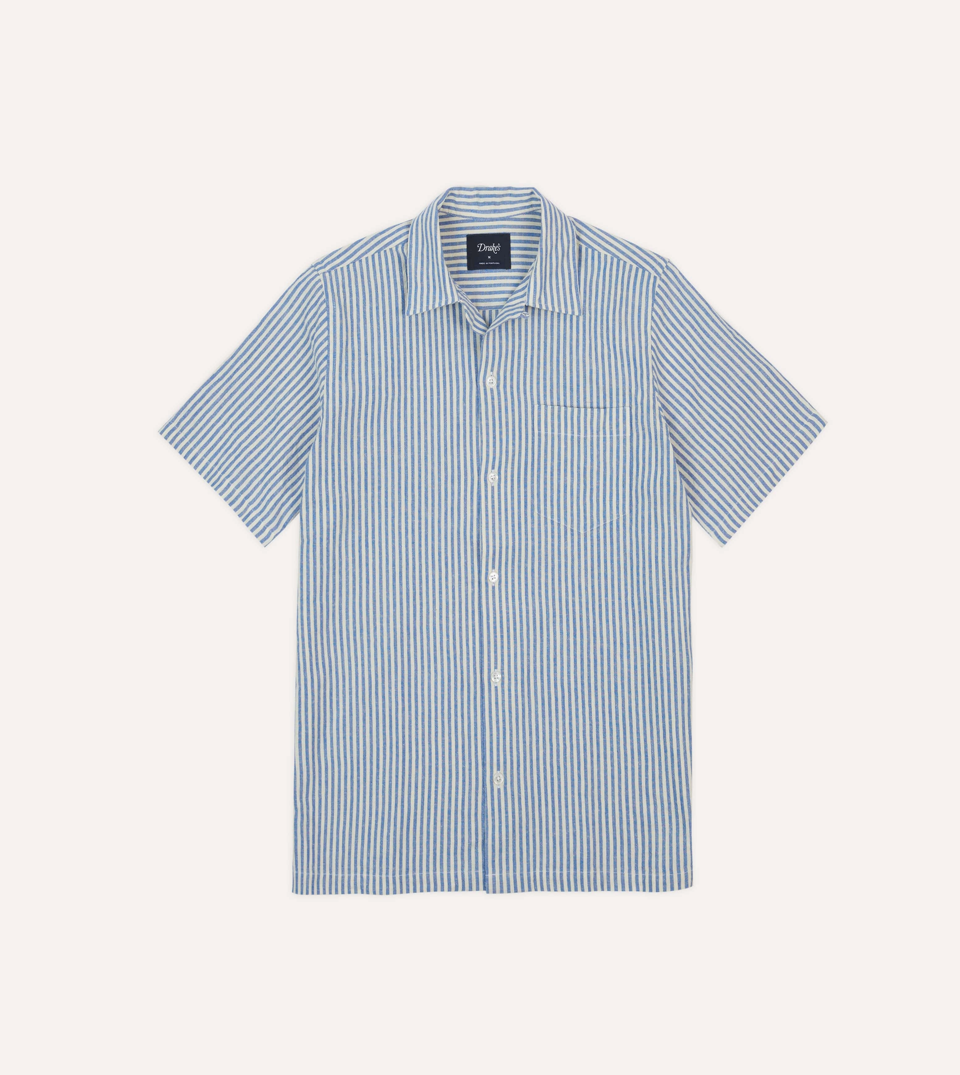 Blue and White Stripe Cotton-Linen Camp Collar Short Sleeve Shirt tailored look High-Quality Material