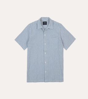 Blue and White Stripe Cotton-Linen Camp Collar Short Sleeve Shirt tailored look High-Quality Material