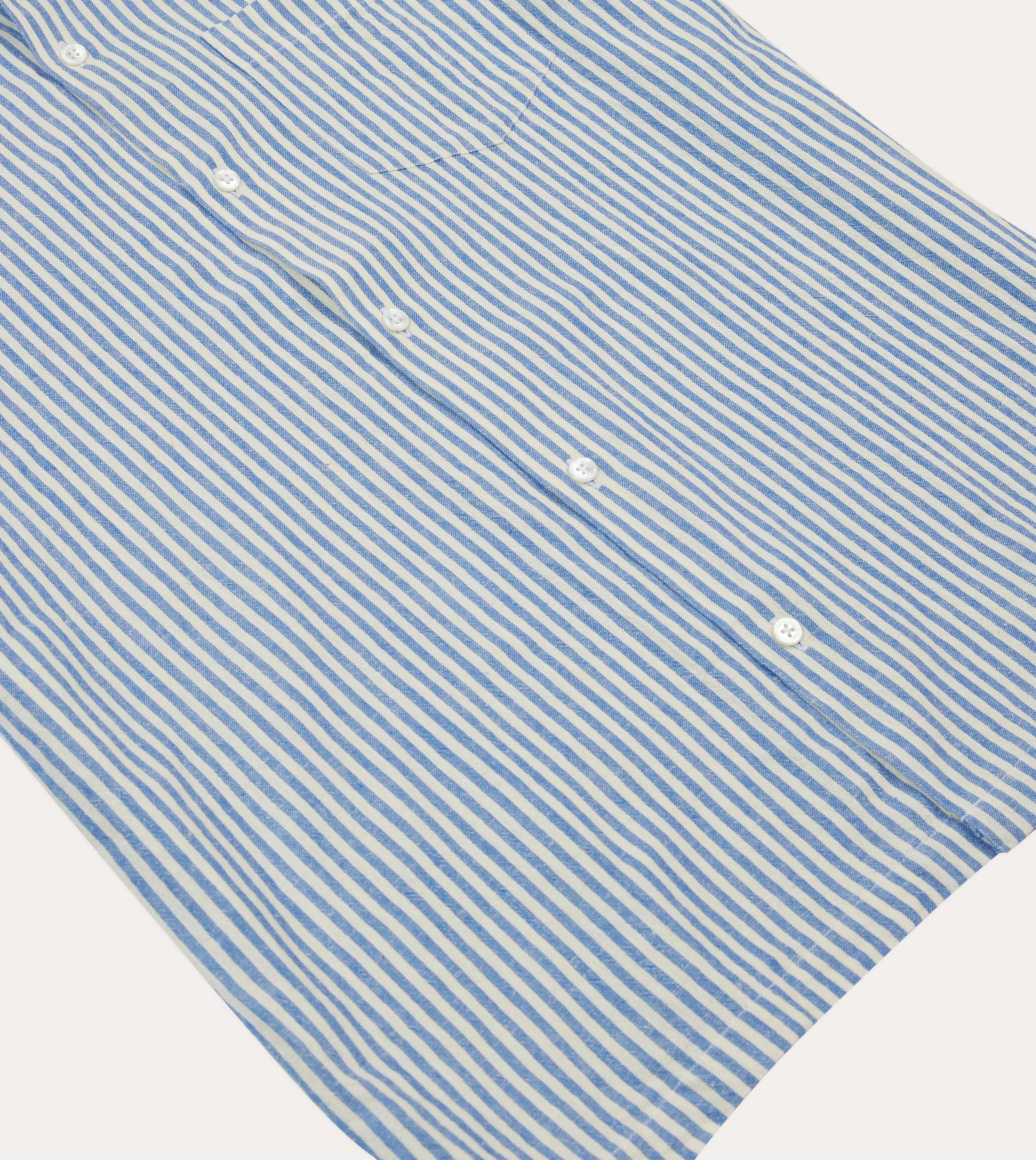 Blue and White Stripe Cotton-Linen Camp Collar Short Sleeve Shirt Recycled Polyester Blend