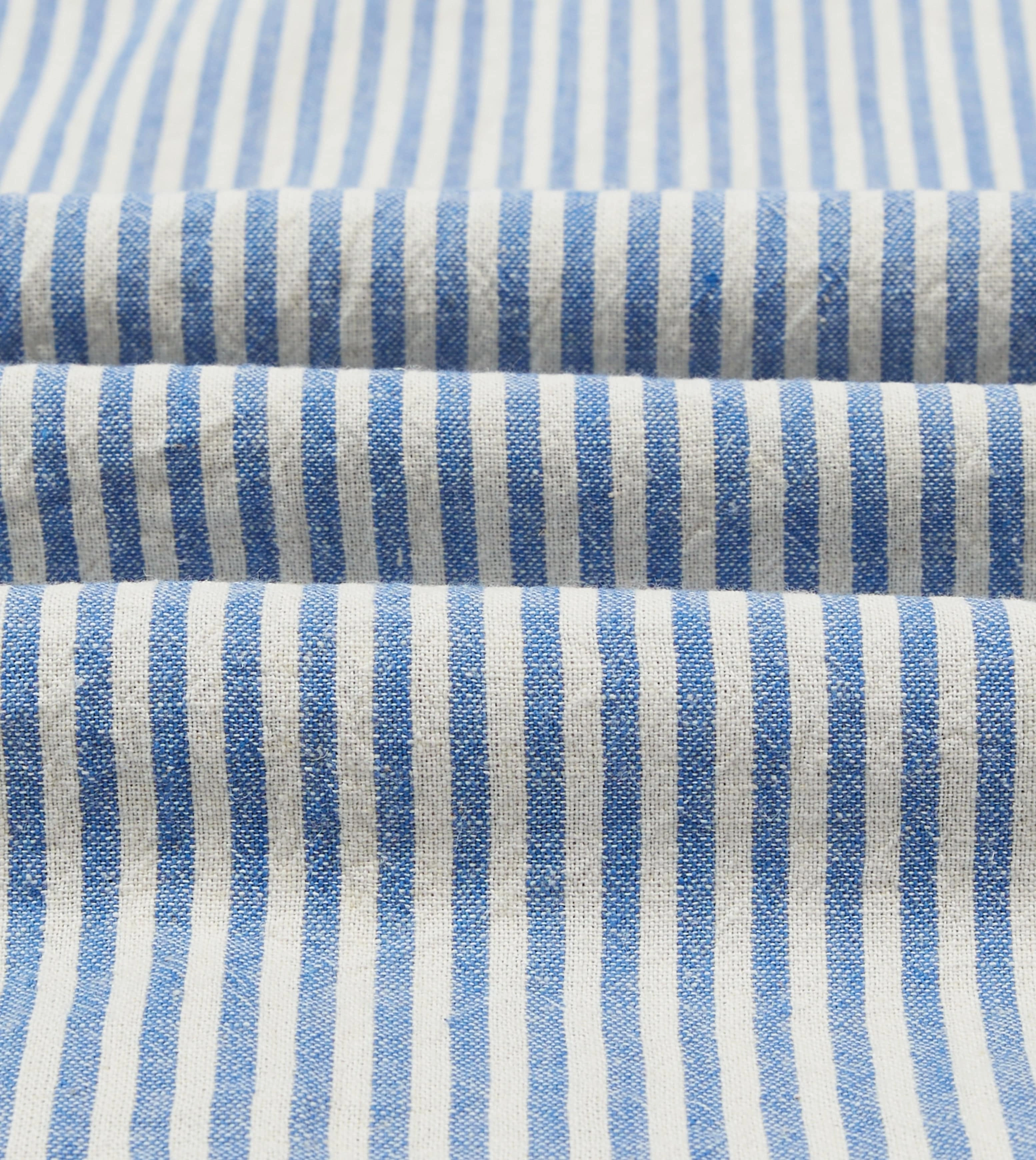 Geometric Design Denim Blend Blue and White Stripe Cotton-Linen Camp Collar Short Sleeve Shirt