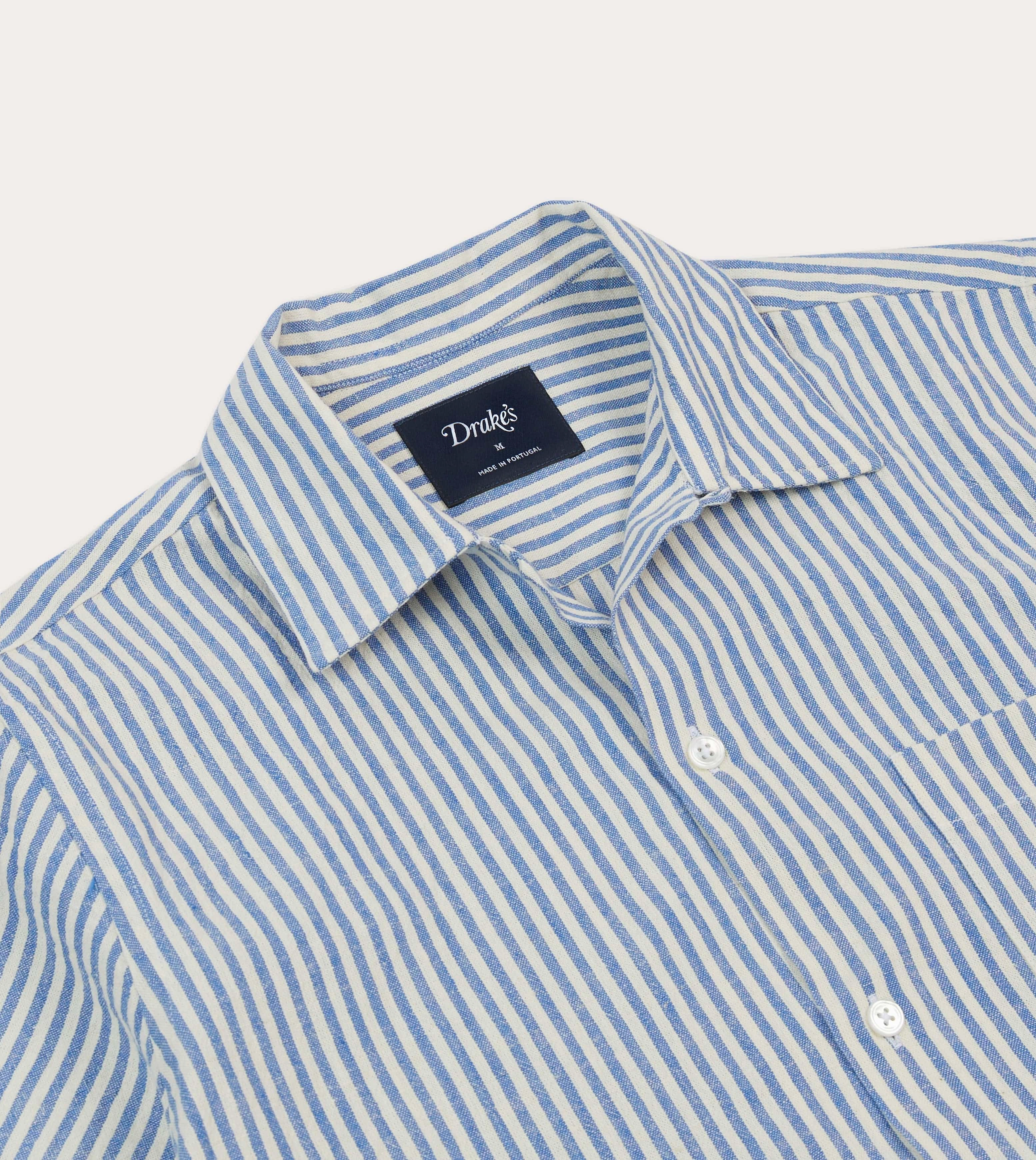 Stretch Material Blue and White Stripe Cotton-Linen Camp Collar Short Sleeve Shirt