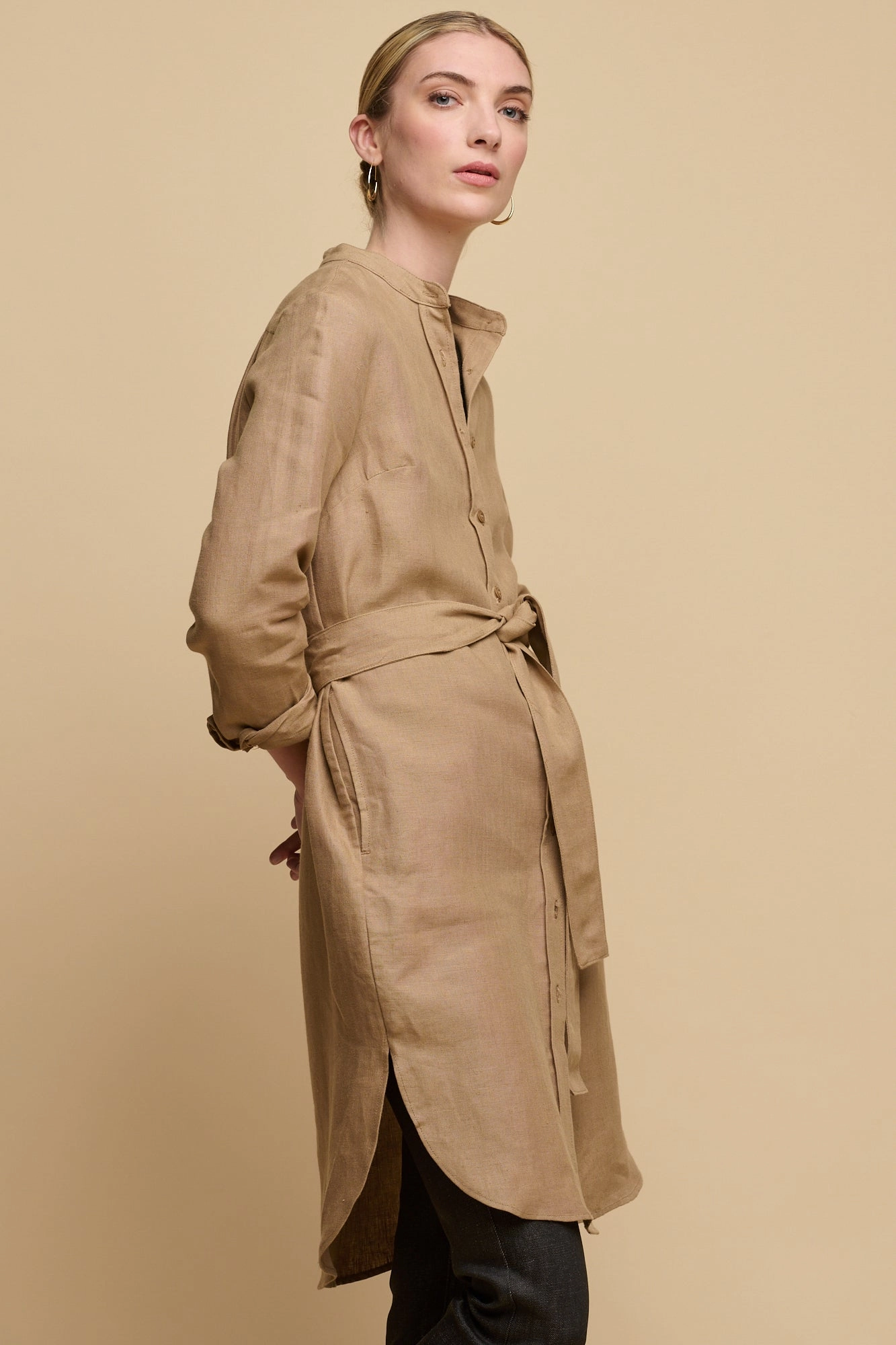 Women's Collarless Shirt Dress - Truffle Linen Versatile Layering