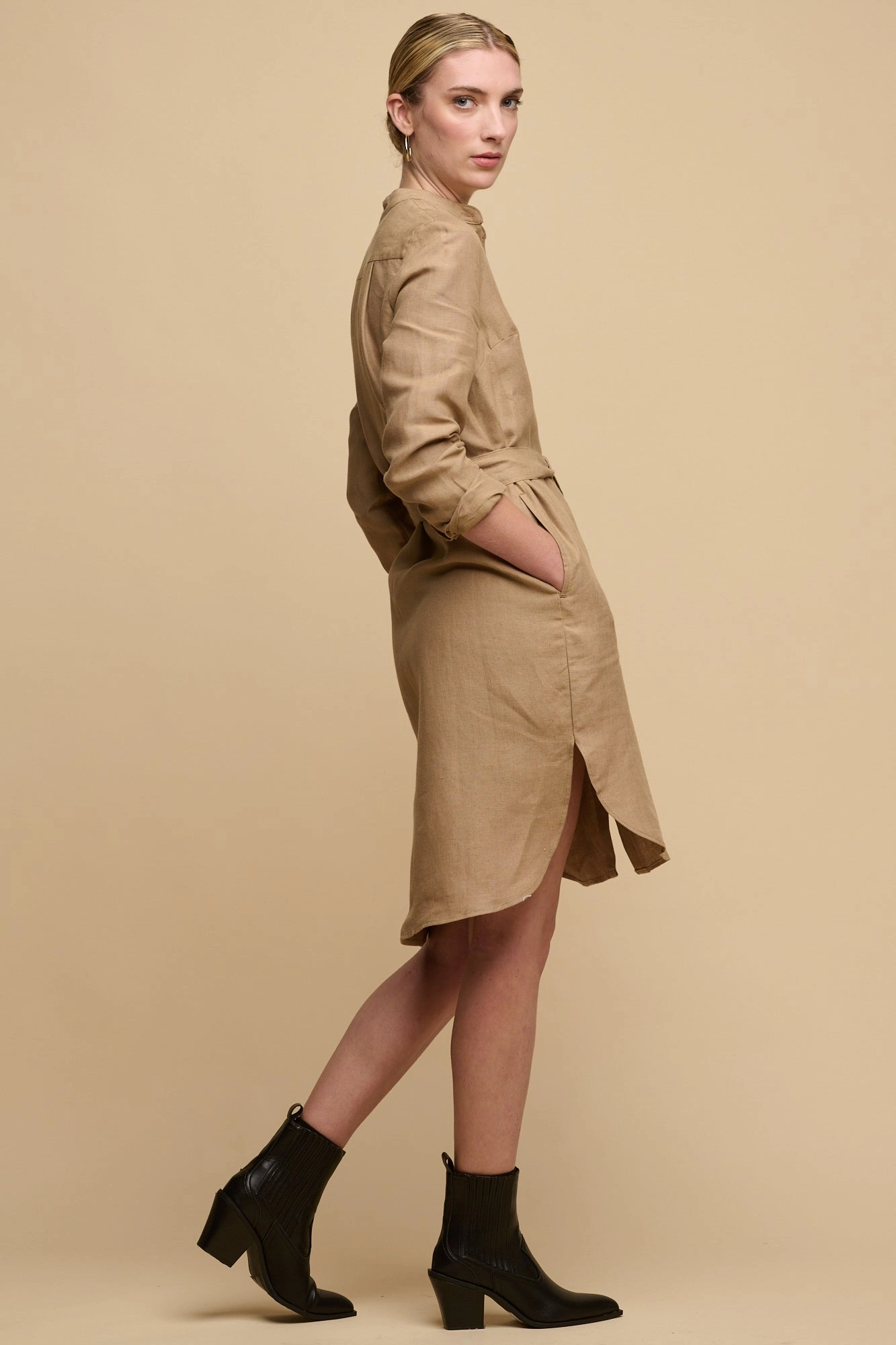 Gemstone-Detail Women's Collarless Shirt Dress - Truffle Linen