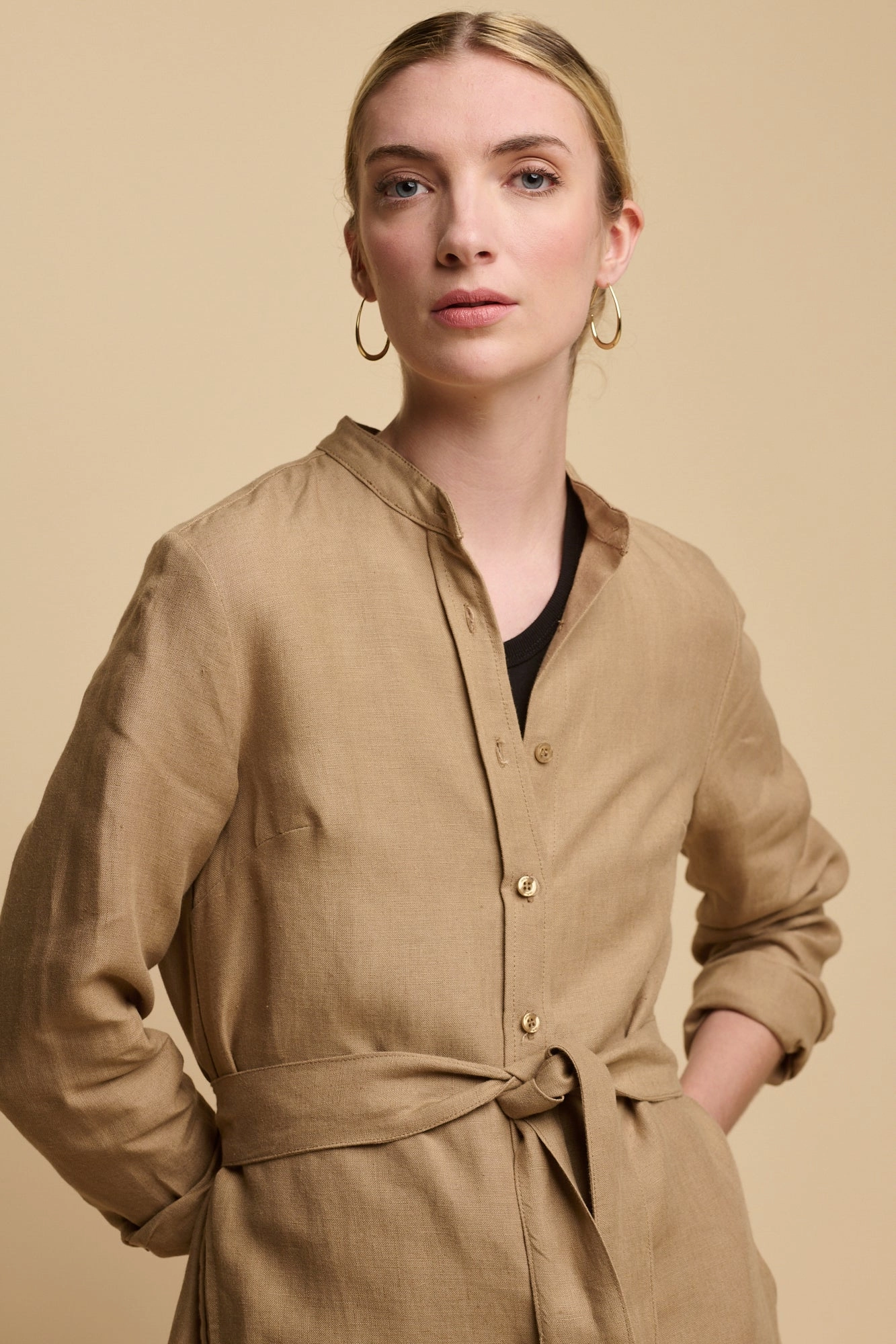Women's Collarless Shirt Dress - Truffle Linen Everyday Ready