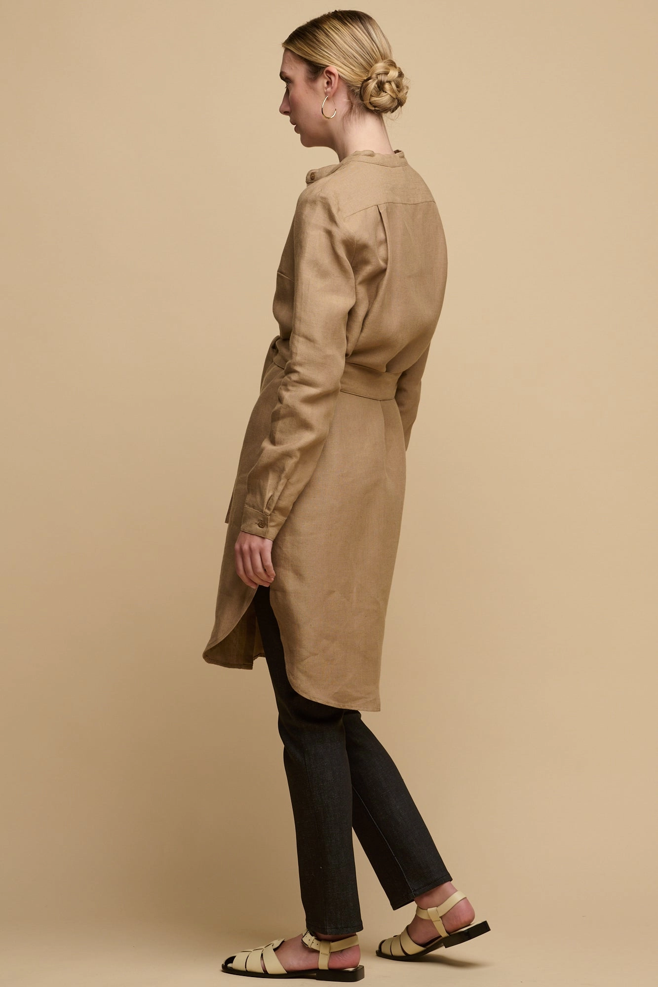 Women's Collarless Shirt Dress - Truffle Linen Spring Garden Subtle Drape