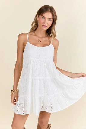 Airy Silk Minimalist Design Let's Get Out Of Town White Flower Eyelet Mini Dress FINAL SALE