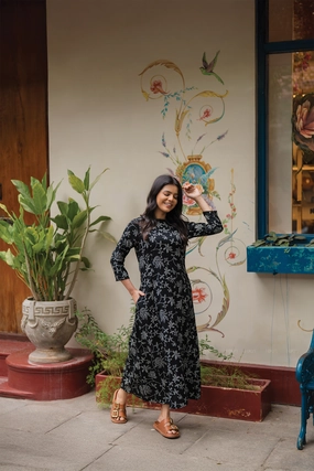 All Purpose Pristine Black with Noir Blossom printed Viscose Dress