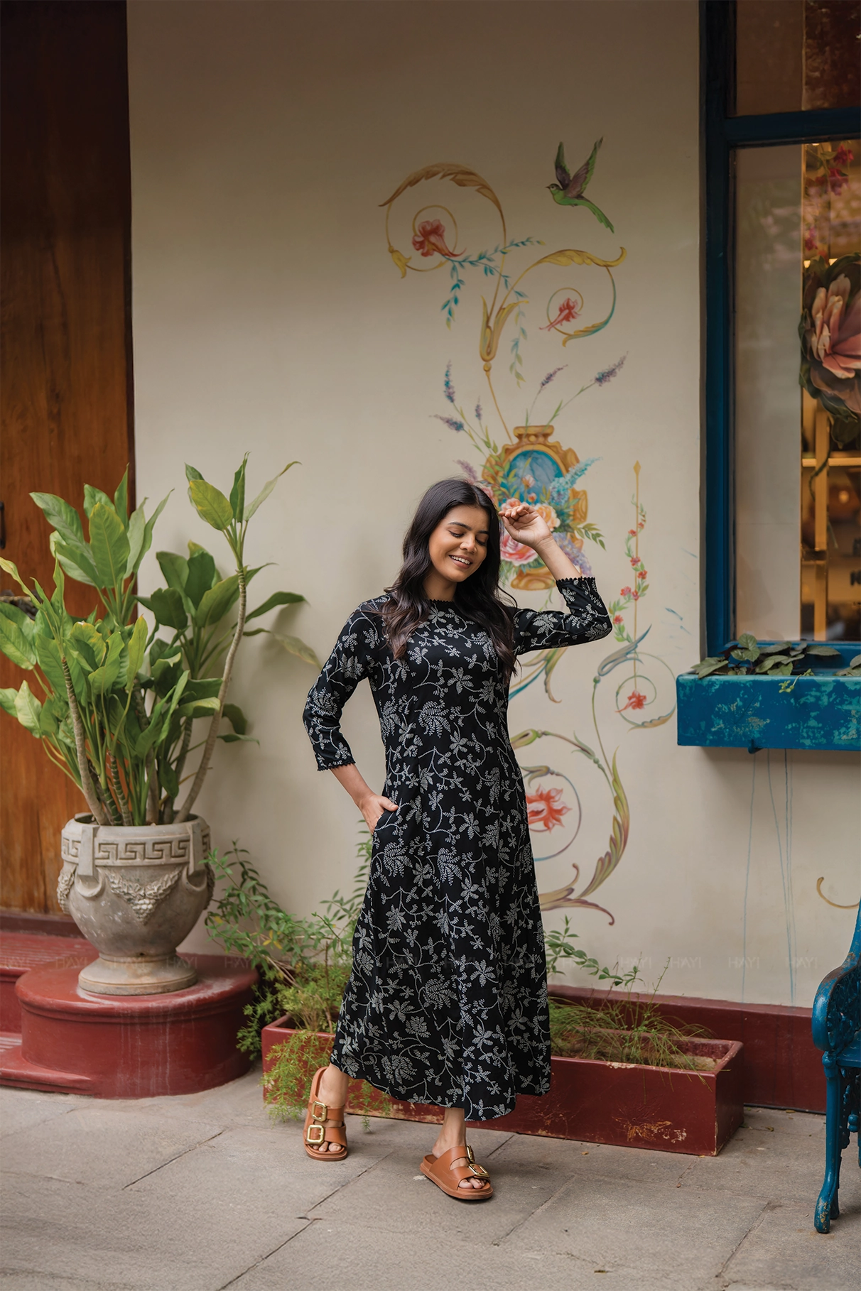 Pristine Black with Noir Blossom printed Viscose Dress Tailored Elegance Layerable Piece