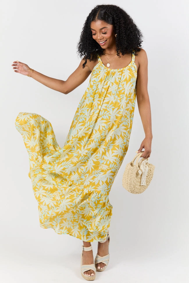 Painting The Sky Yellow Leaf Print Maxi Dress FINAL SALE Slim-fit Wide Swing
