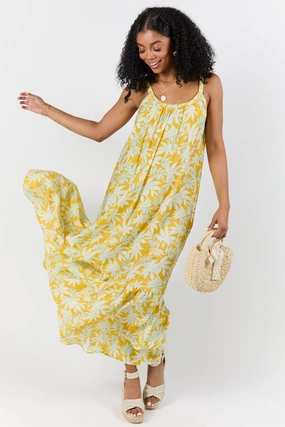 Painting The Sky Yellow Leaf Print Maxi Dress FINAL SALE Slim-fit Wide Swing