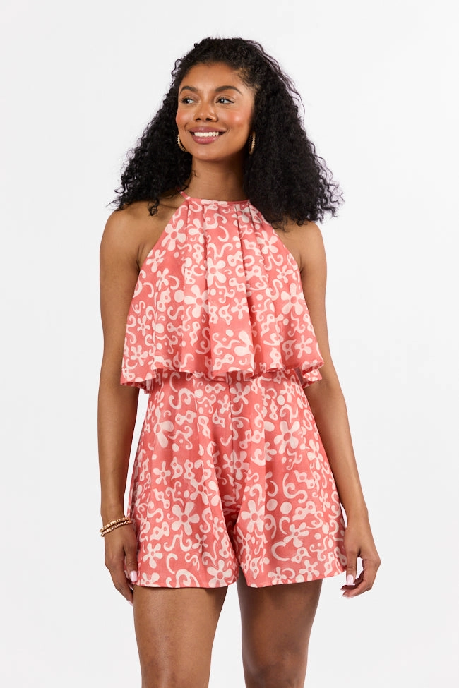 Spotlight Moment Coral Print Halter Neck Romper FINAL SALE Beauty Zone