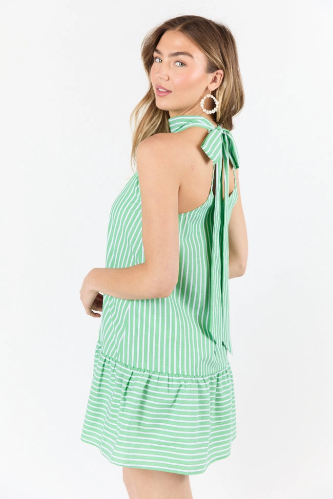 Soft Fashion Trendy floral dress Firefly Glow Green and Ivory Striped Halter Neck Dress FINAL SALE