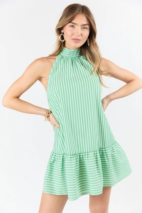Firefly Glow Green and Ivory Striped Halter Neck Dress FINAL SALE Pose Glow