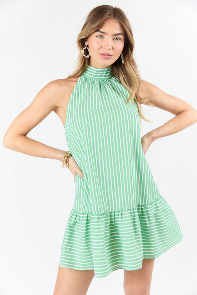 Firefly Glow Green and Ivory Striped Halter Neck Dress FINAL SALE Pose Glow