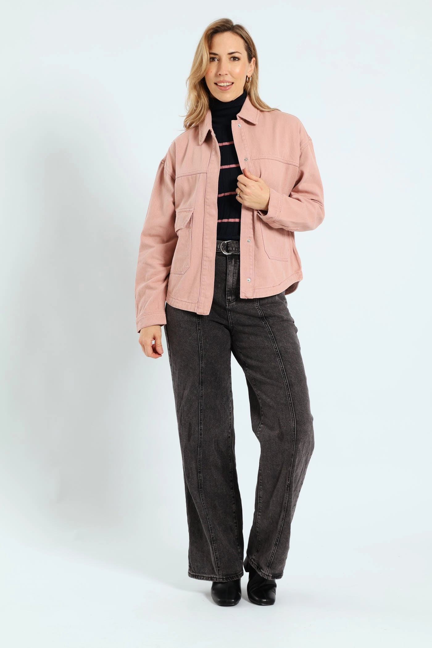 Flap Pocket Cropped Denim Shacket - Rose Heat Retention