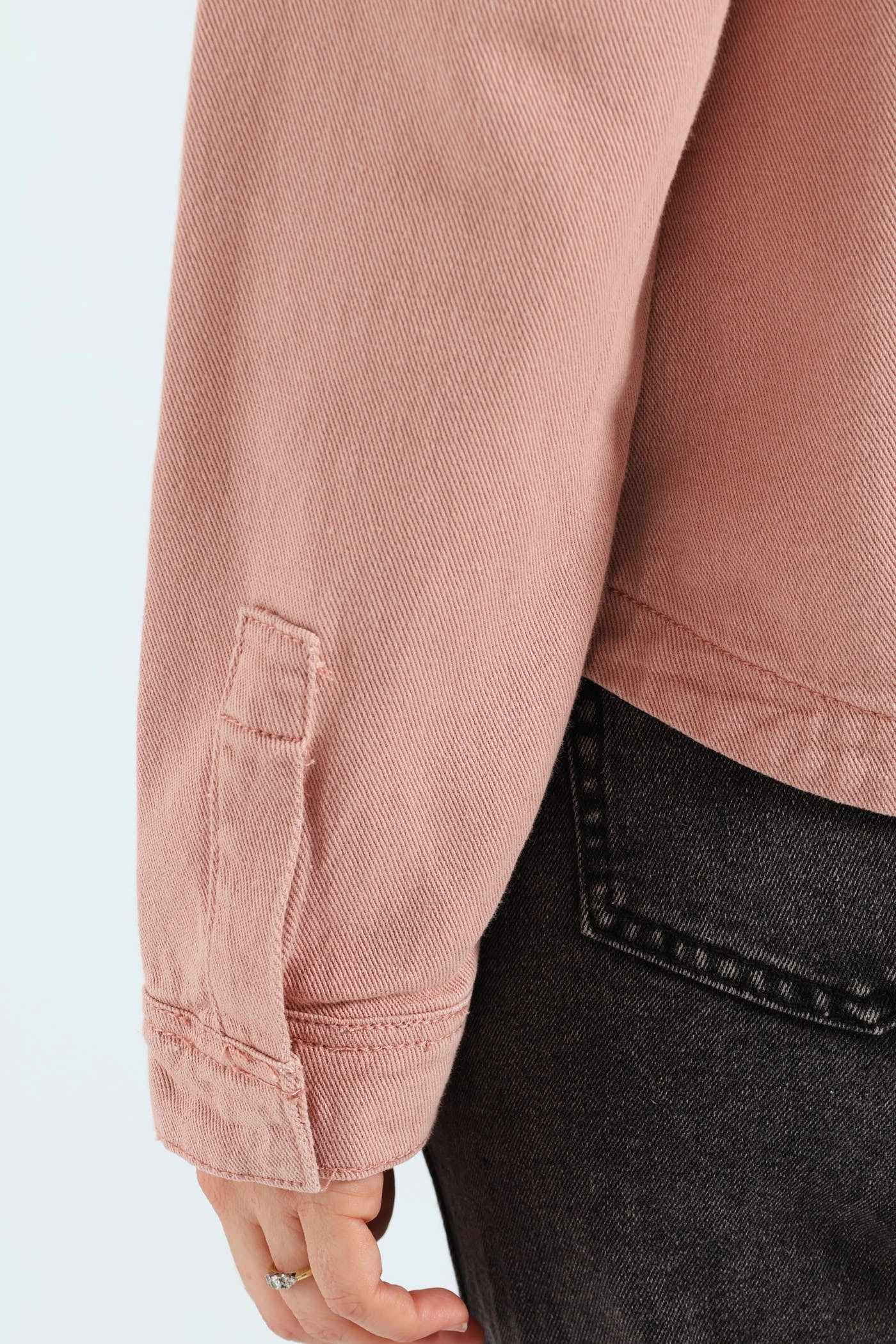 Flexible Zipper Guards Flap Pocket Cropped Denim Shacket - Rose