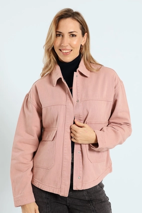 Flap Pocket Cropped Denim Shacket - Rose Insulated Core Technology