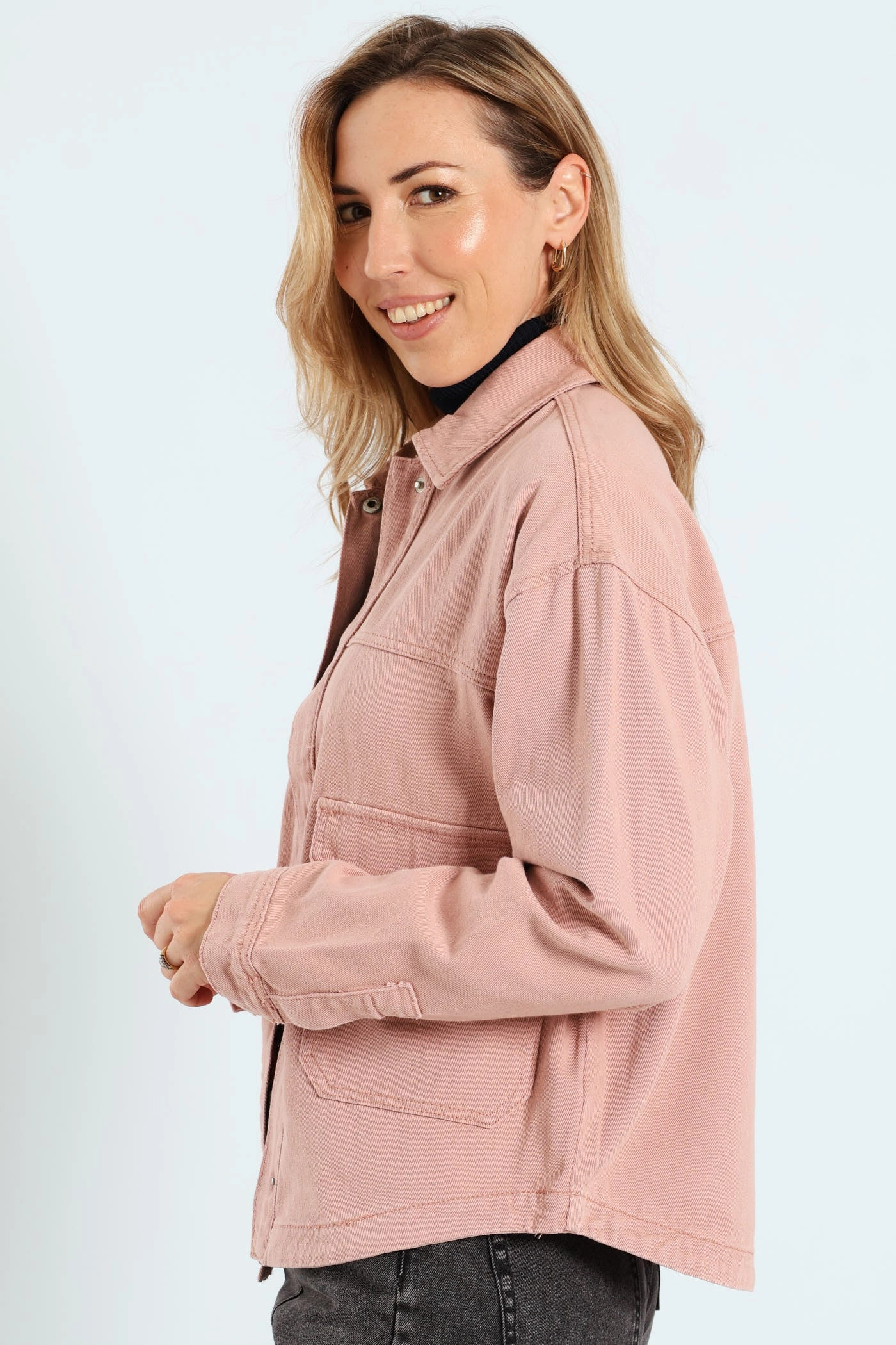 Flap Pocket Cropped Denim Shacket - Rose waterproof construction One Color