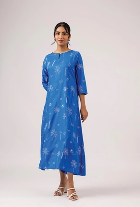 Cerulean Blue with Deep Ocean Viscose printed A-line Dress Chic Balance Quick Match