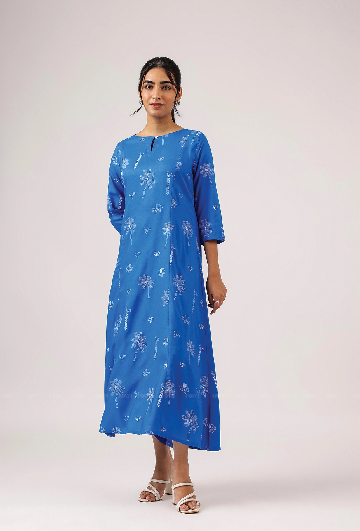 Calm Tone Cerulean Blue with Deep Ocean Viscose printed A-line Dress