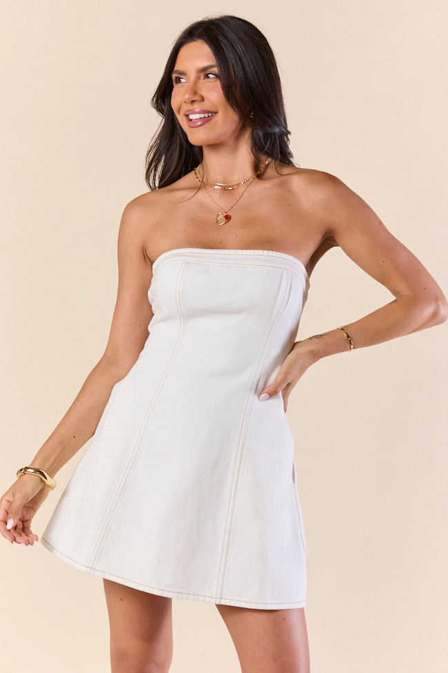 Win Me Over White Strapless Denim Dress FINAL SALE Simple Elegance Metallic-Shine