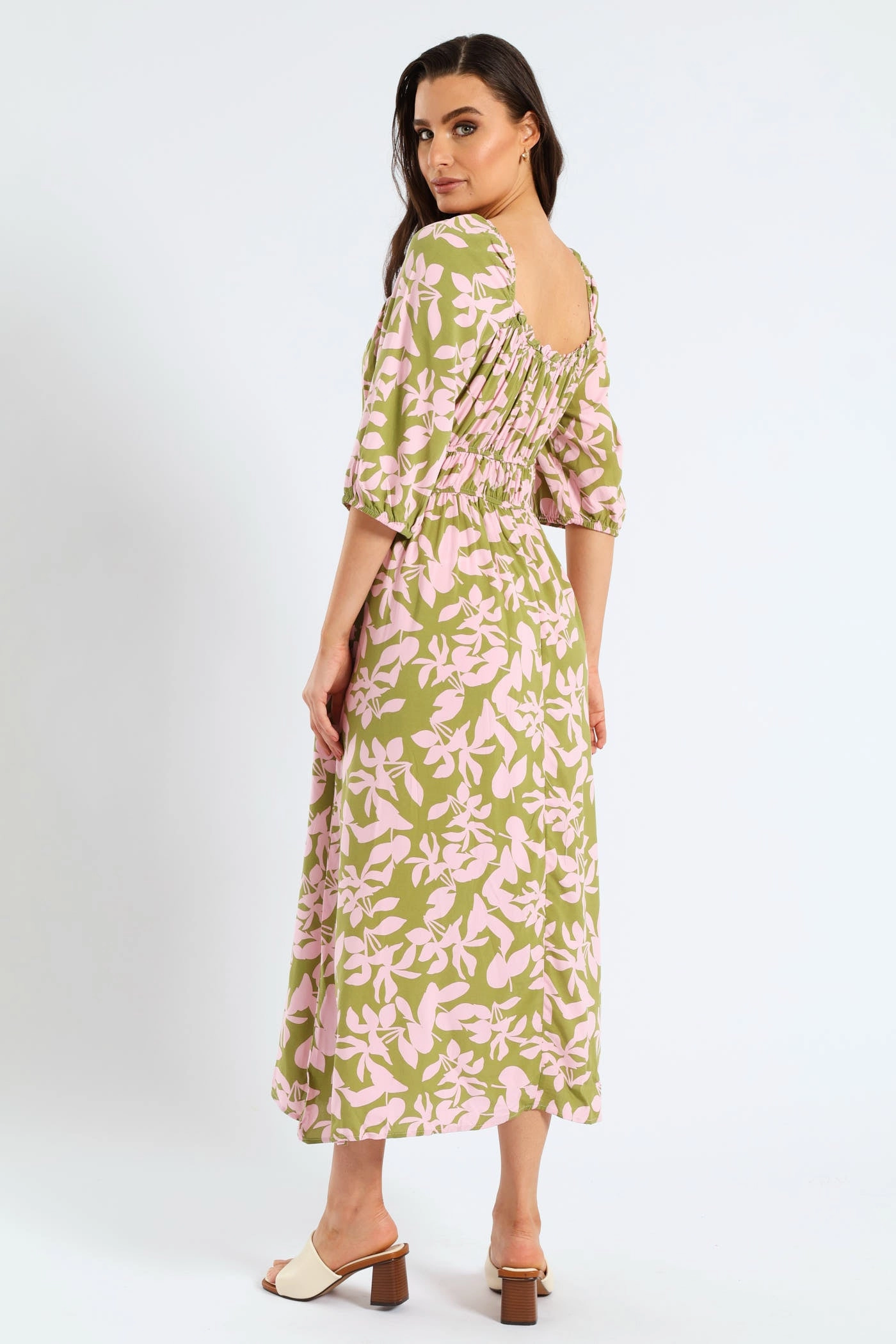 Comfortable outdoor wear Simple Spirit 3/4 Sleeve Frill Bardot Neck Elastic Detail Midi Dress - Chartreuse/Mauve