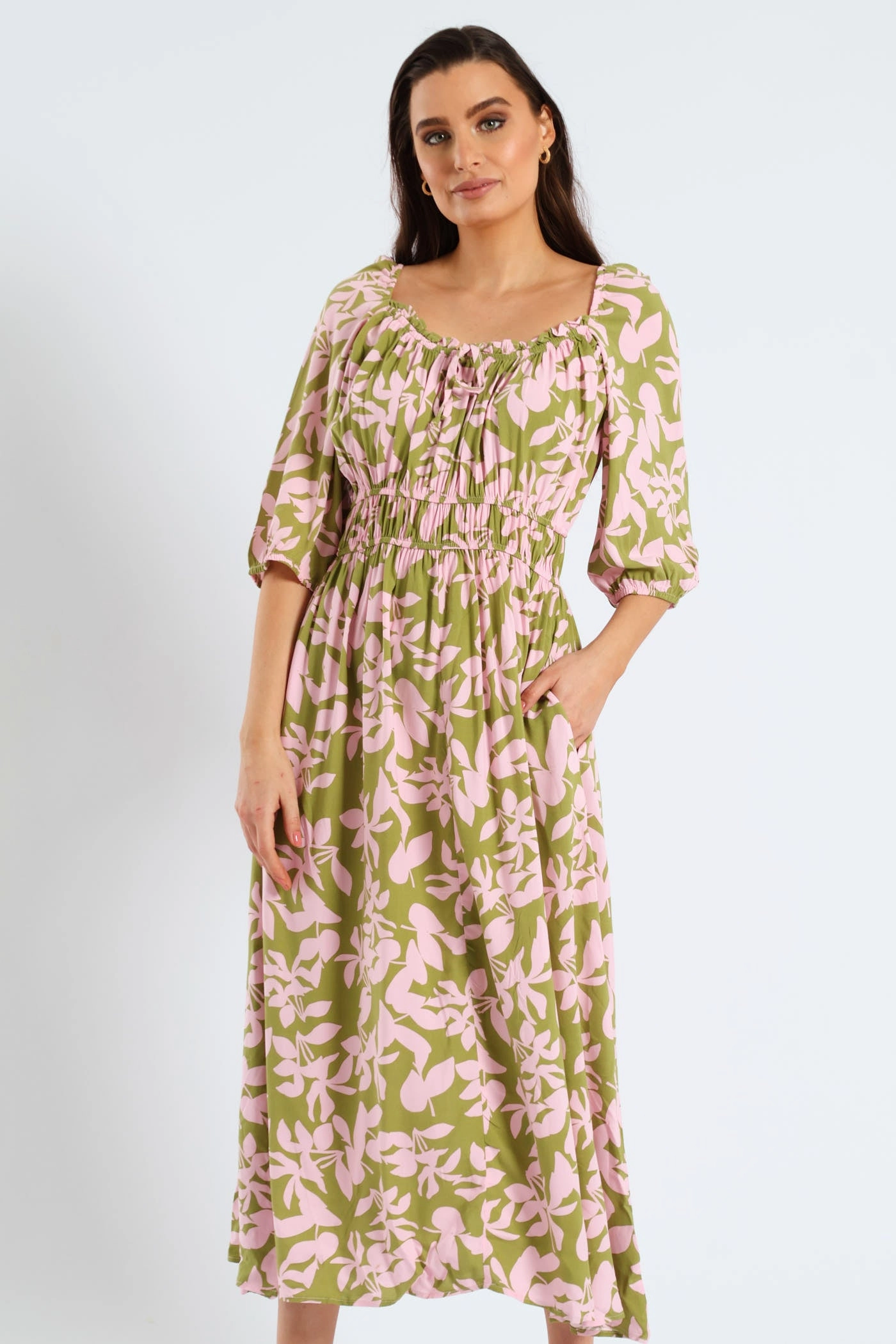 Soft Texture Easy Fit 3/4 Sleeve Frill Bardot Neck Elastic Detail Midi Dress - Chartreuse/Mauve