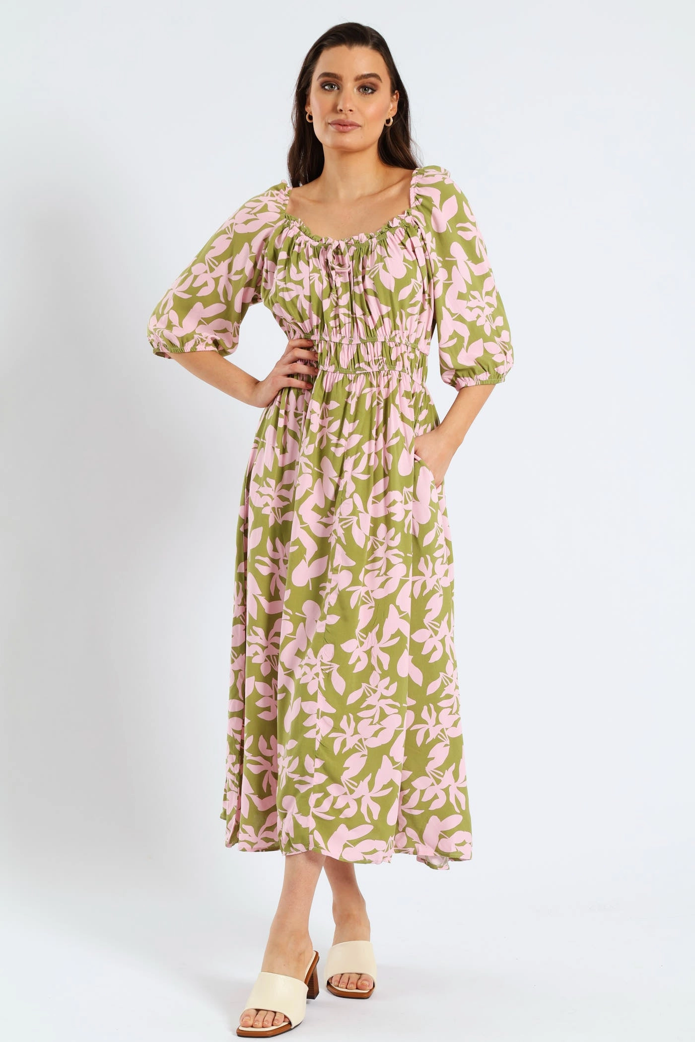 Casual and Smart 3/4 Sleeve Frill Bardot Neck Elastic Detail Midi Dress - Chartreuse/Mauve