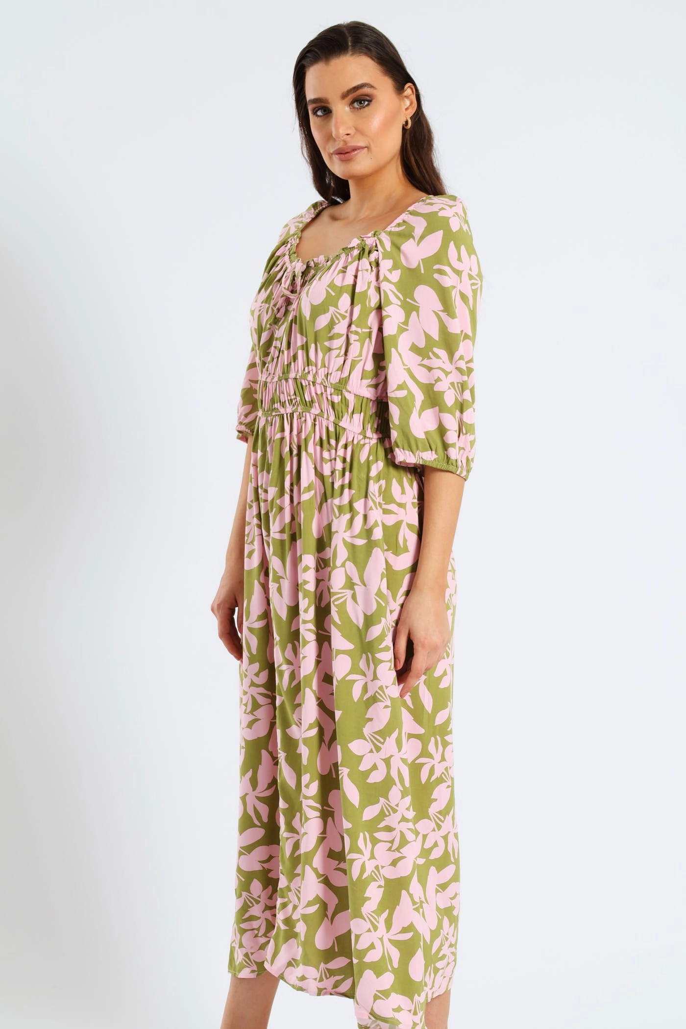 Elegance Glow Casual and Smart 3/4 Sleeve Frill Bardot Neck Elastic Detail Midi Dress - Chartreuse/Mauve