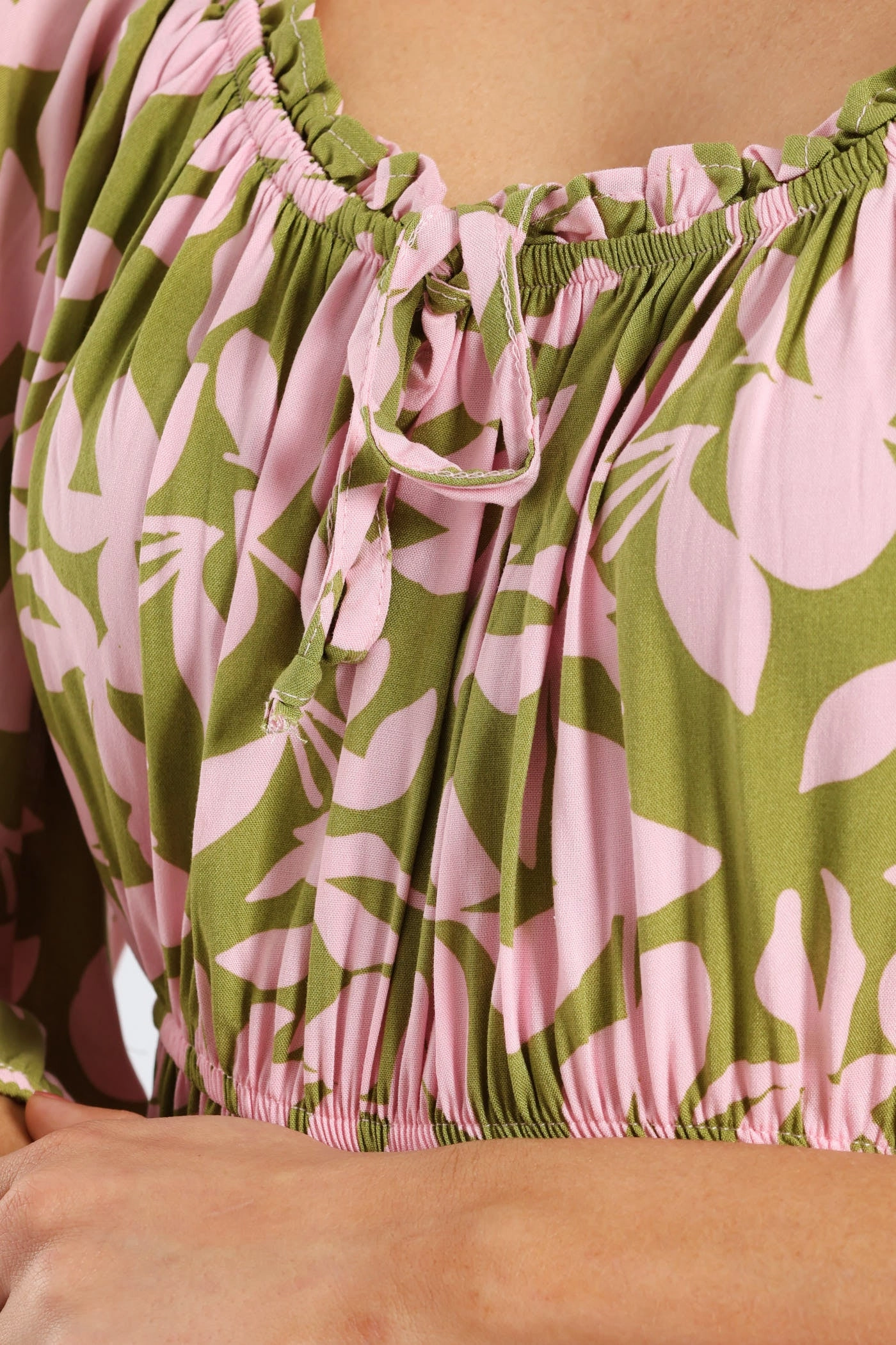 Minimal Harmony Summer Wardrobe 3/4 Sleeve Frill Bardot Neck Elastic Detail Midi Dress - Chartreuse/Mauve