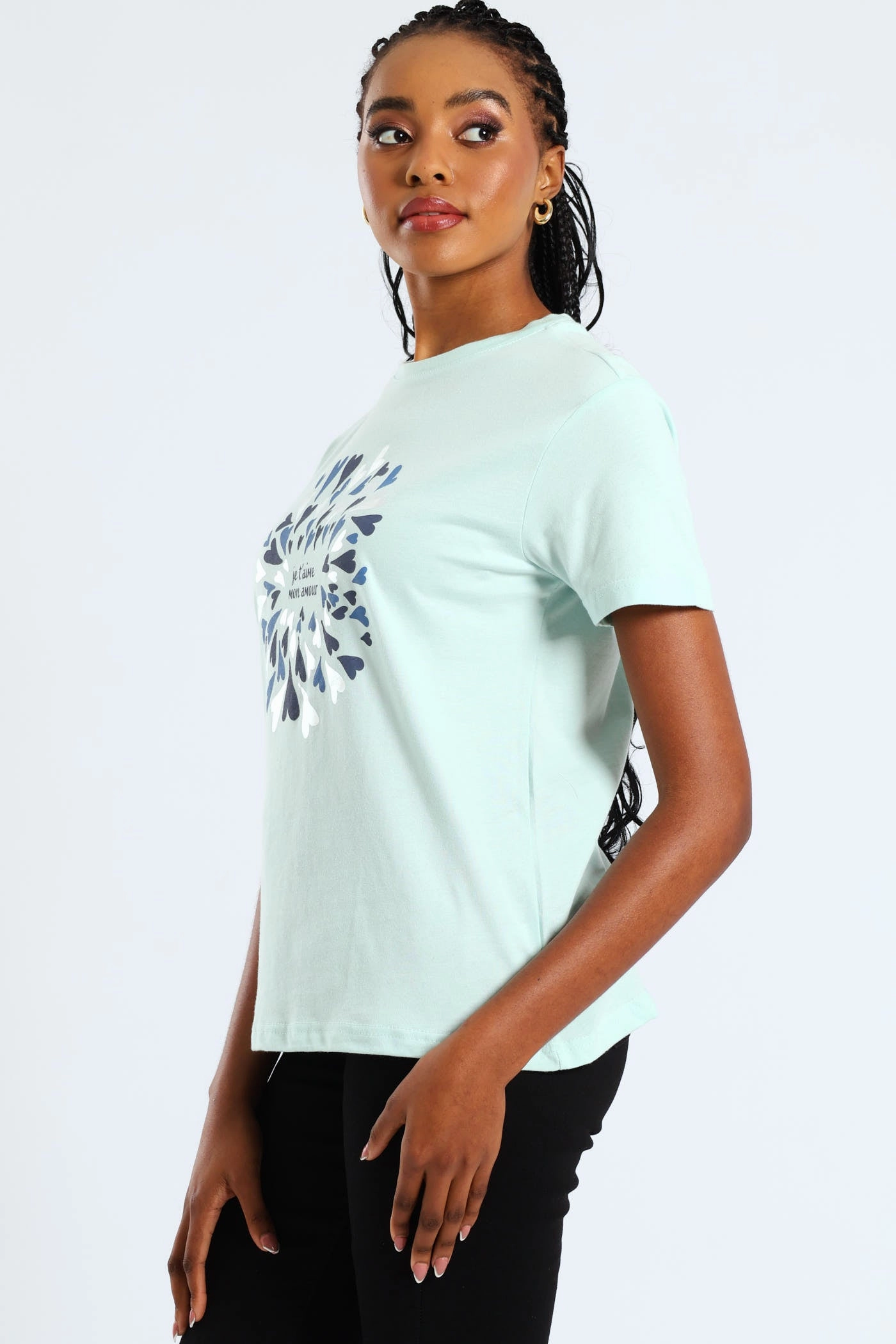 Durable Chainstitch HeatRegulating Romantic French Slogan Hearts Foil Tee - Light Blue