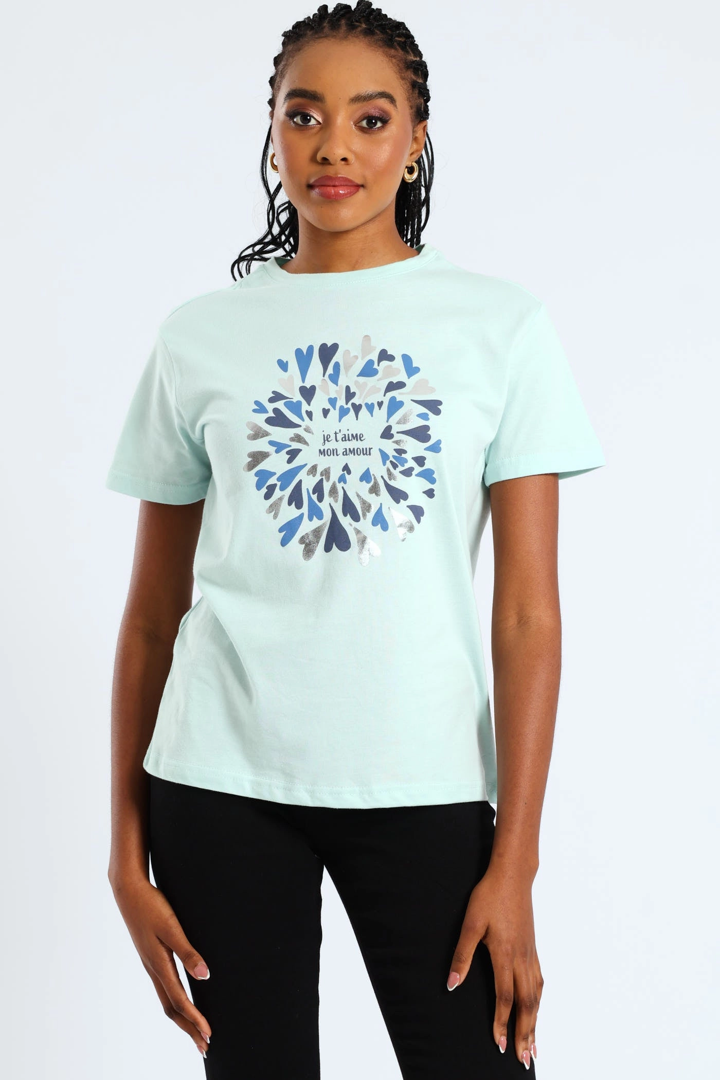 Romantic French Slogan Hearts Foil Tee - Light Blue SoftTouchBrushedInterior