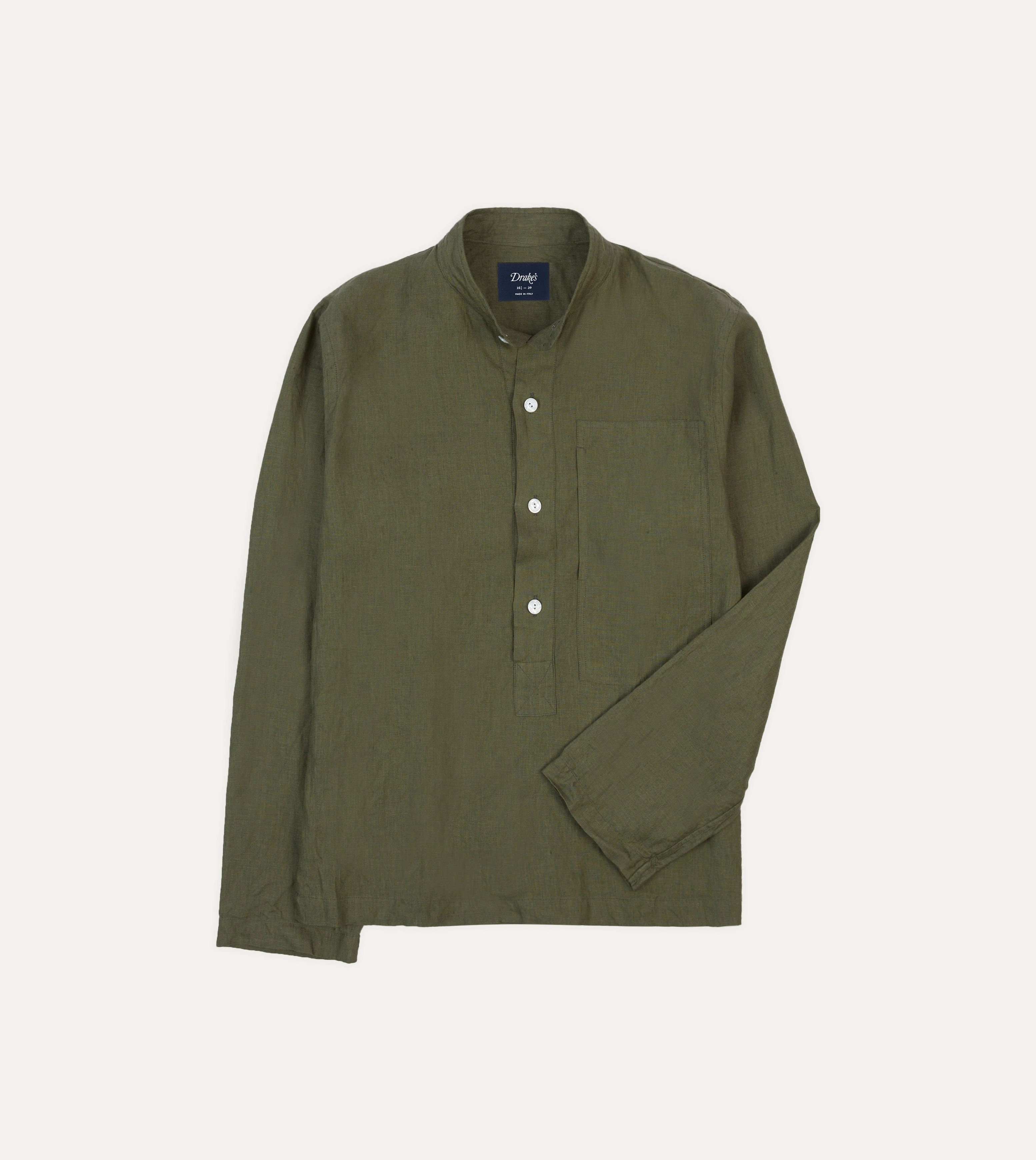 Olive Linen Mandarin Collar Popover Shirt Embroidered Logo