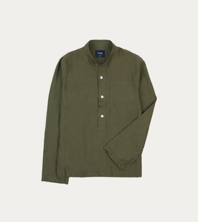 Olive Linen Mandarin Collar Popover Shirt Embroidered Logo
